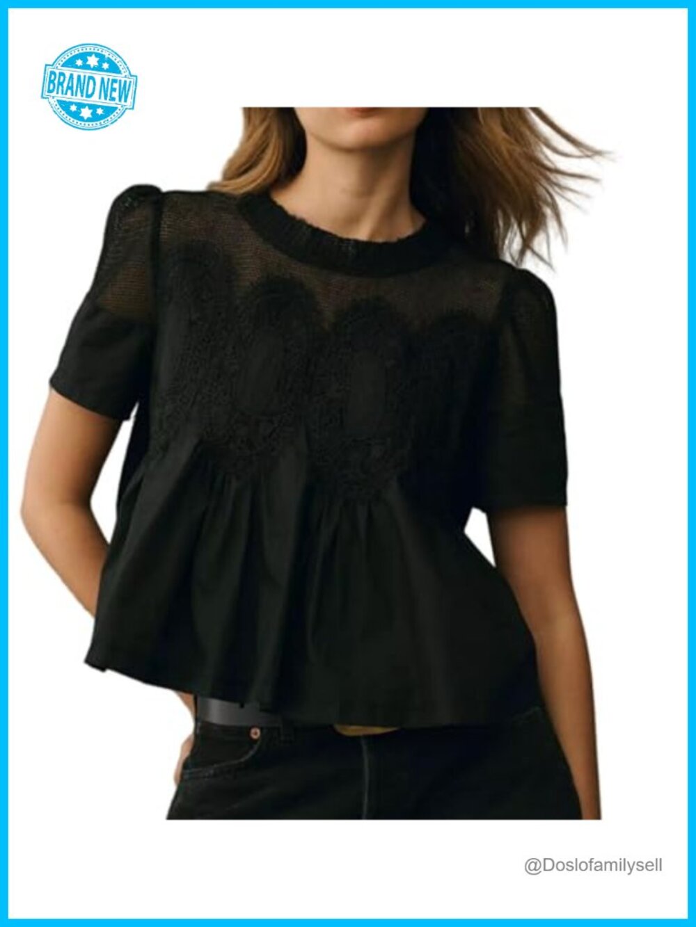 Women Lace Detail Flared Blouse Short Sleeve Crew Neck Poplin Mesh Top